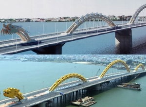 （Ｃ）VNExpress, ロン橋の完成予想図(上)と完成後